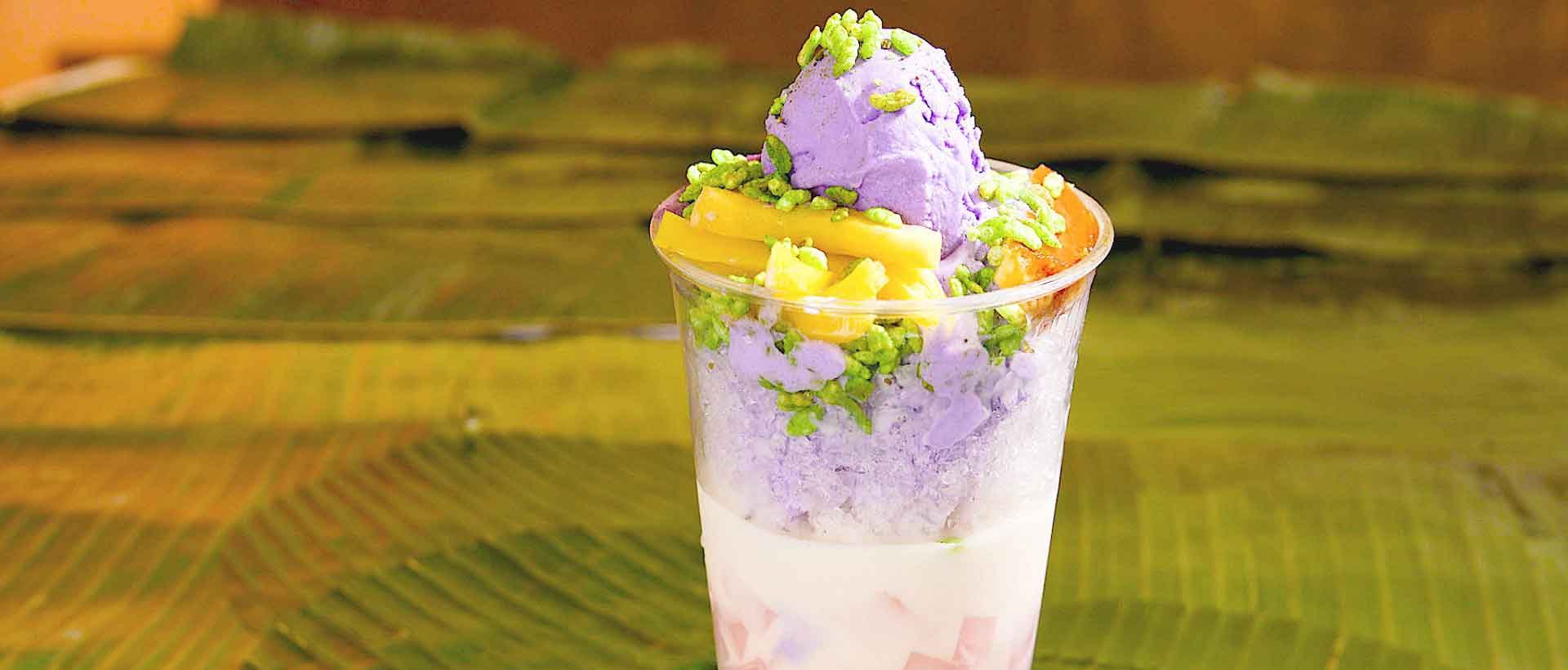 Filipino halo-halo shaved ice dessert with ube and leche flan